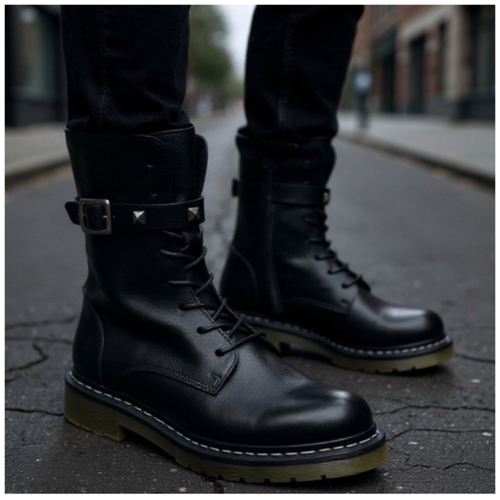 CUBANAS • Black Leather Combat Boots Includes Box - Picture 4 of 10